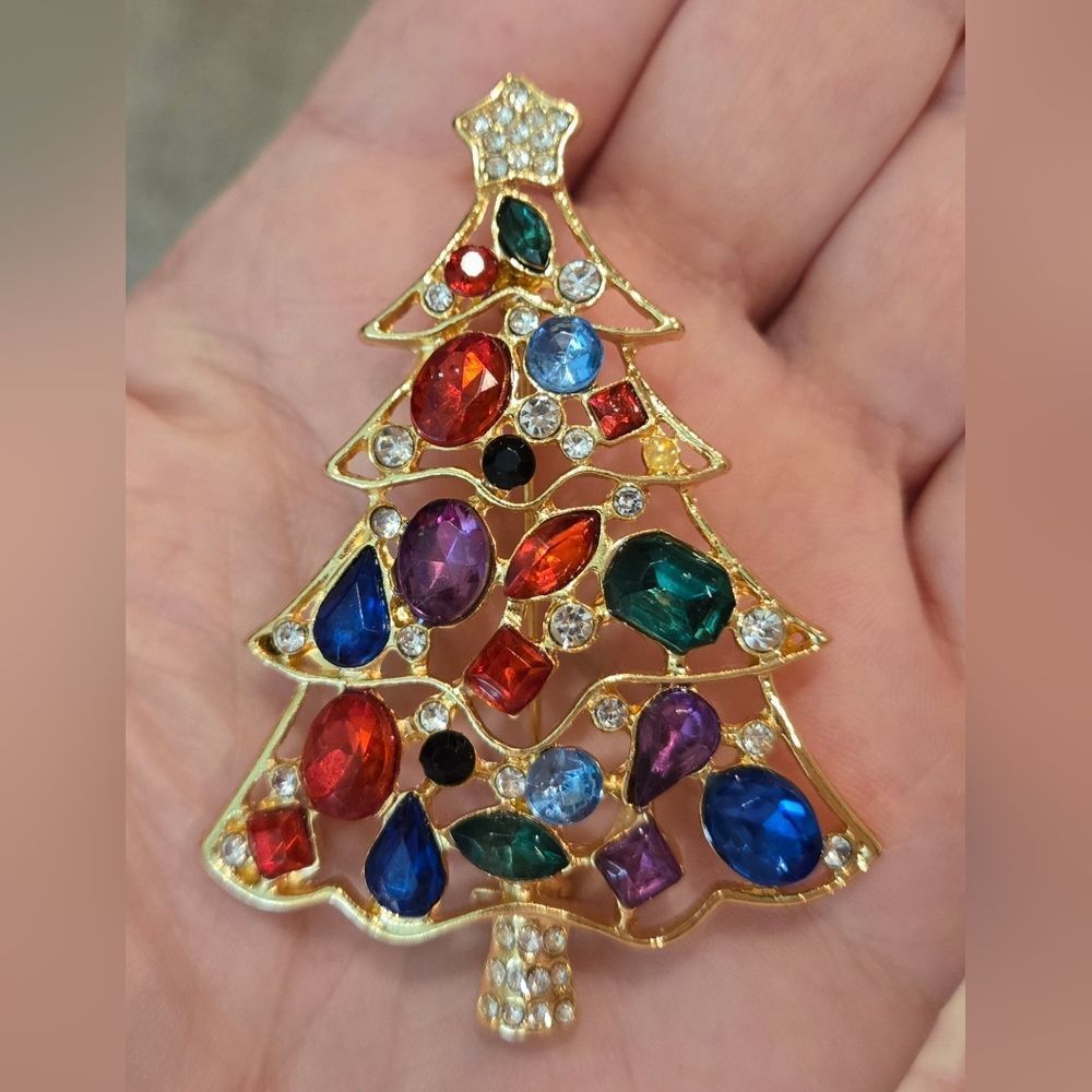 🎄🛍❤️VINTAGE Colorful Gemstone Christmas Tree Brooch